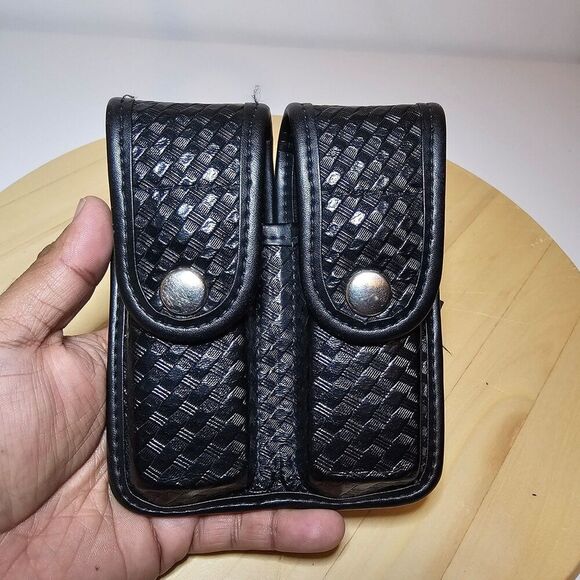 Bianchi International Size 2 Basketweave Black Leather 2 Mag Holder Duty Fr Belt - Picture 1 of 9